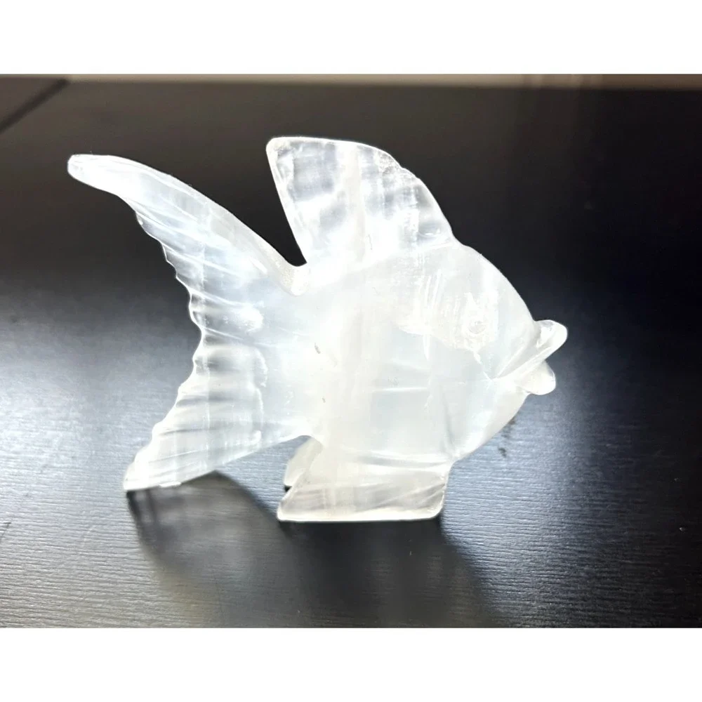 Natural White Onyx Marble Carved Angel Fish Figurine Home Decor Vintage